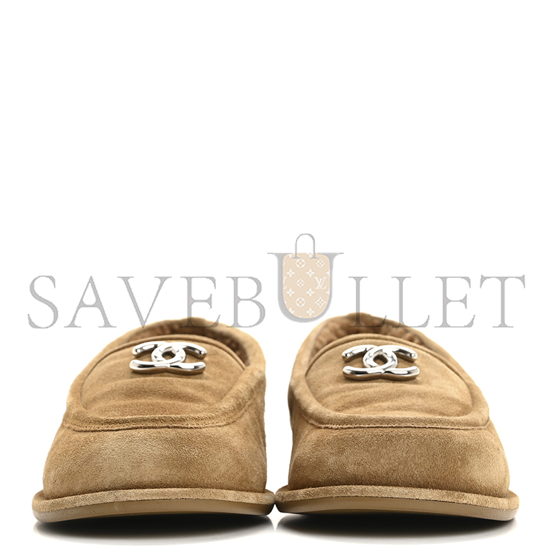 Ch*el suede calfskin cc loafers dark beige